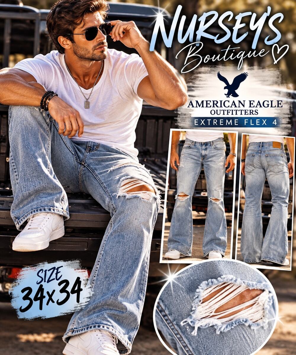 American Eagle Extreme Flex 4 Jeans Mens 34x34 Distressed Flare Light Wash